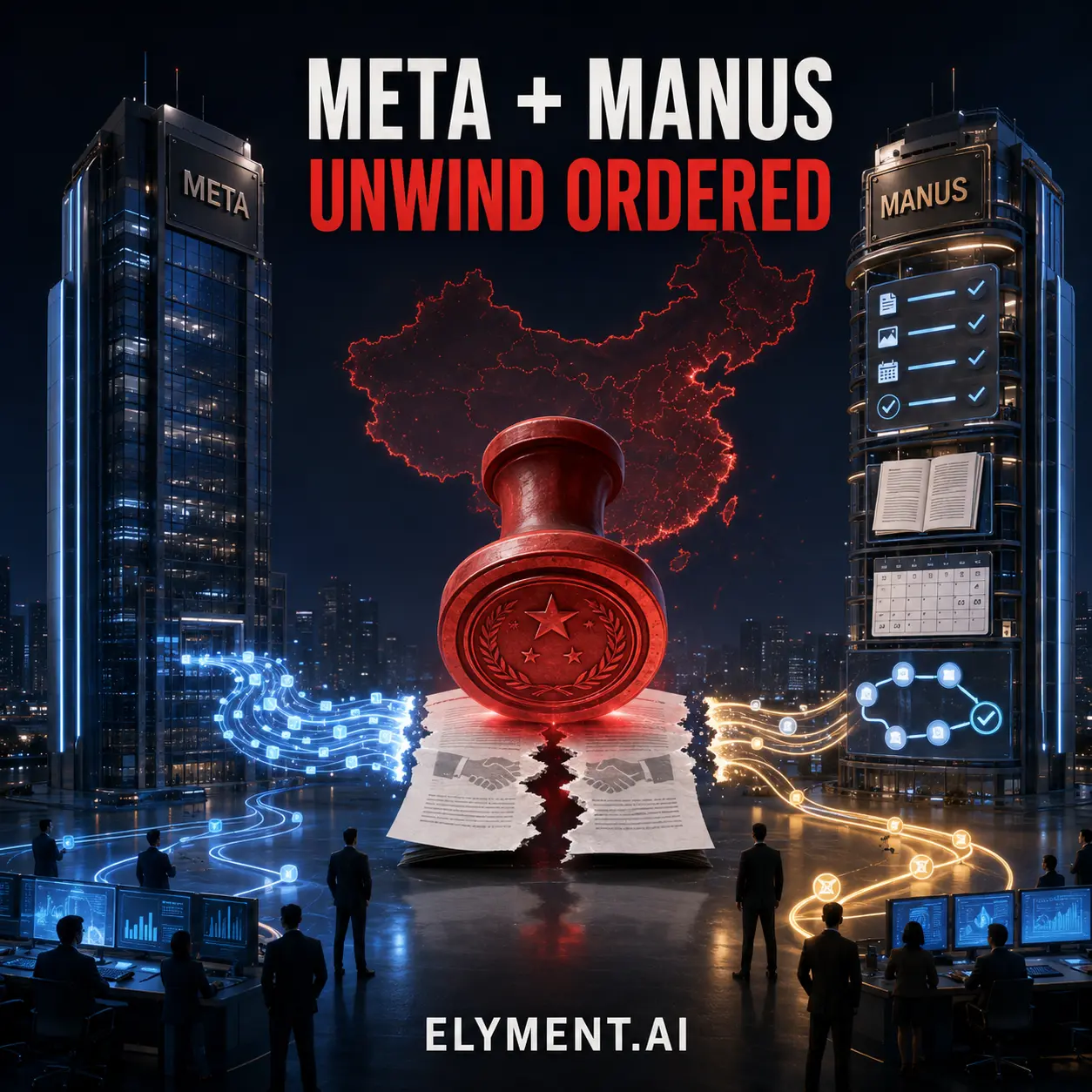 A cinematic editorial scene of Meta and Manus office towers separated by a red security-review seal, illustrating China's order to unwind the acquisition.