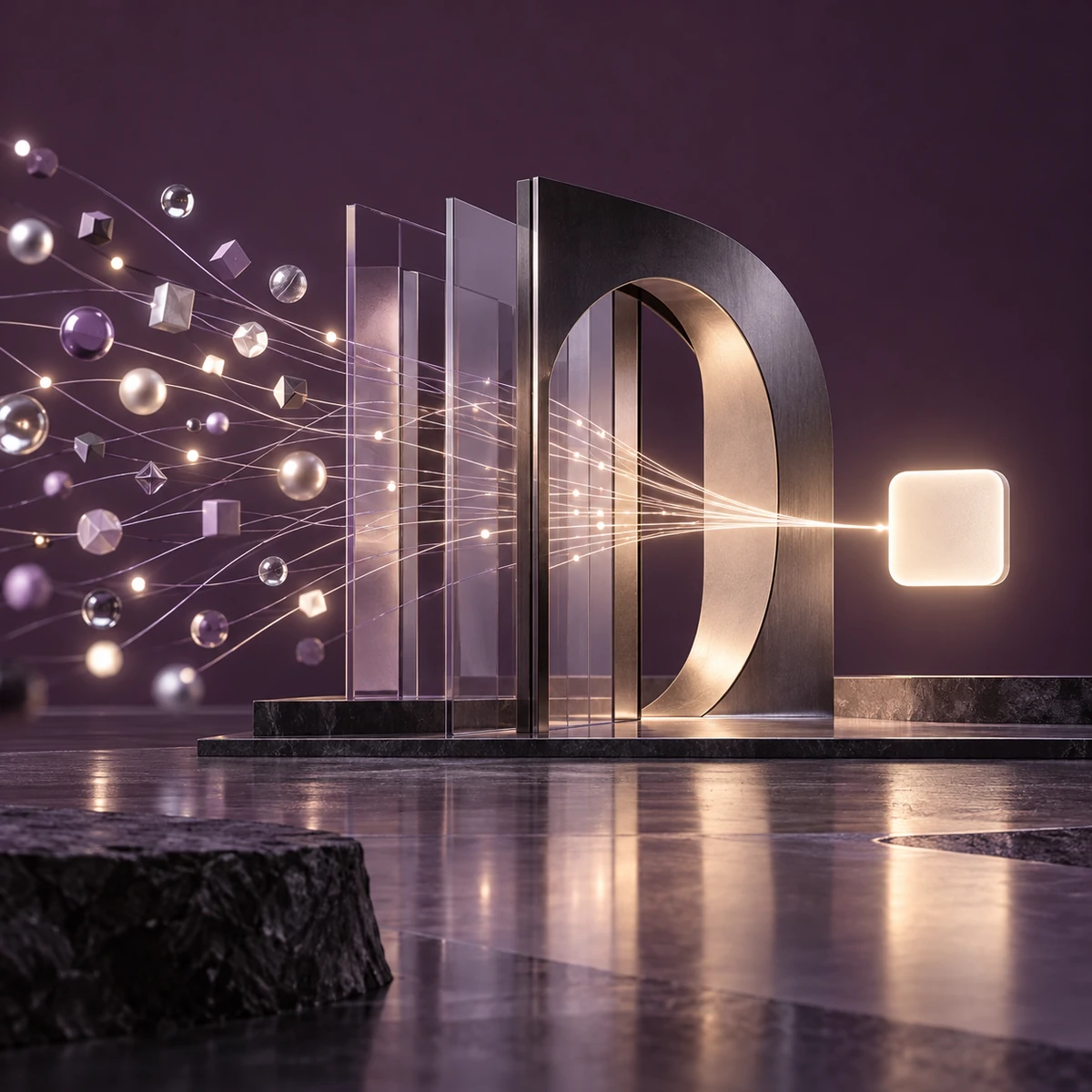A plum and lavender sculptural gateway filtering luminous task signals into a single calm notification, representing an attention budget for proactive AI.