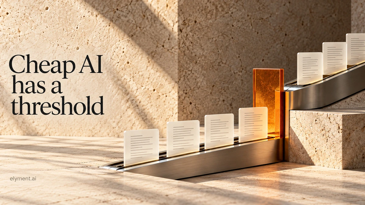 Translucent document tiles travel along a brushed-silver channel that rises at an amber threshold against limestone, a conceptual illustration of prompt-length pricing.