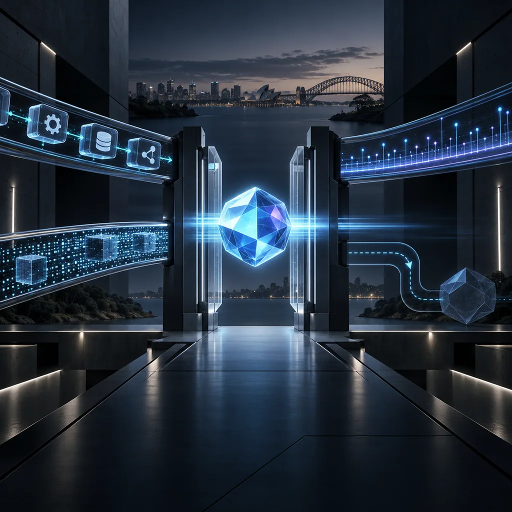A luminous AI core passes through four guarded migration rails with tool, data, observability and rollback paths above Sydney Harbour.
