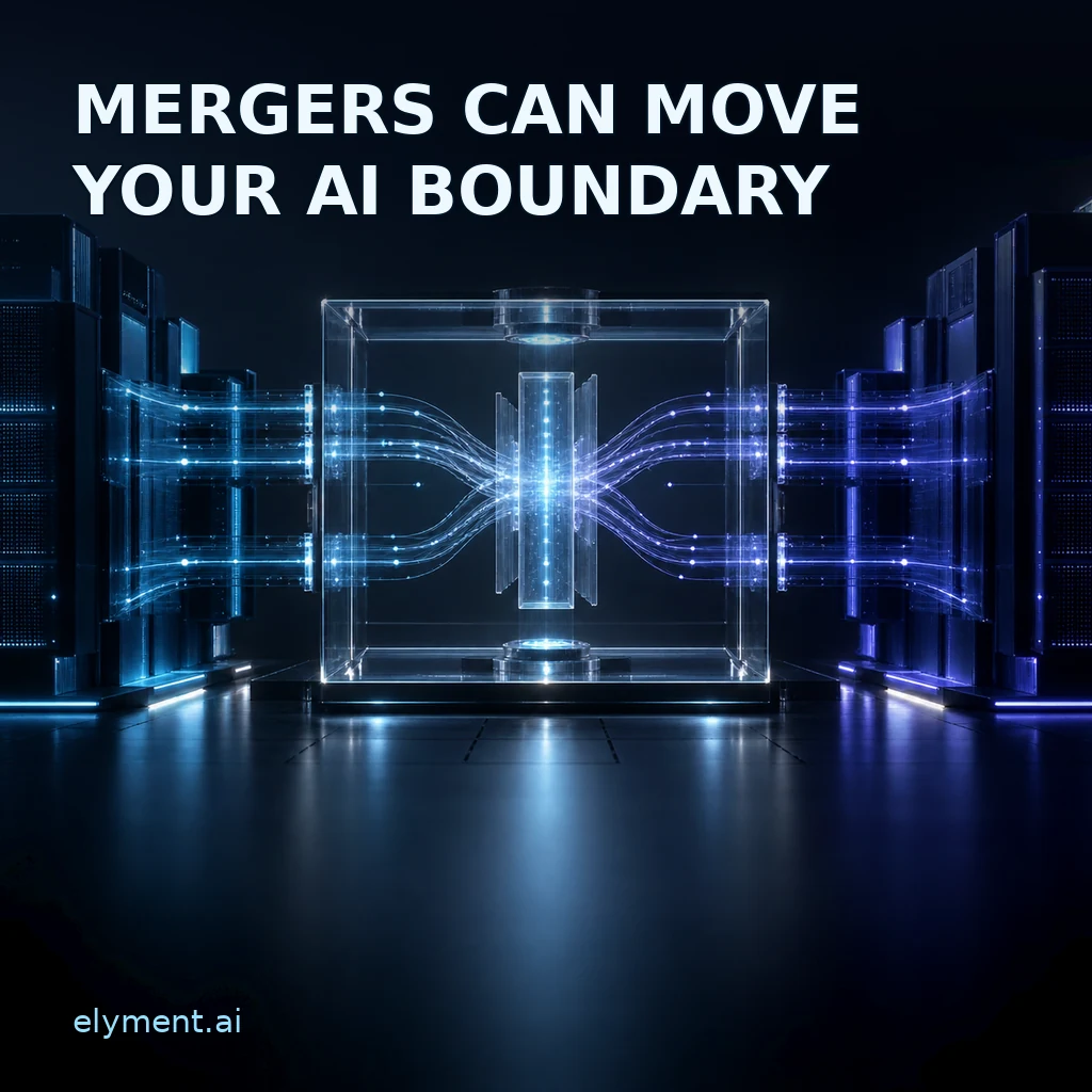 Two luminous AI infrastructure domains join through a transparent control boundary beneath the headline Mergers Can Move Your AI Boundary.