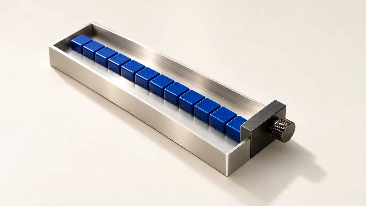 Cobalt ceramic tokens stop against a charcoal slider in a brushed-aluminium metering tray on an ivory surface. Conceptual editorial artwork about AI spend limits.