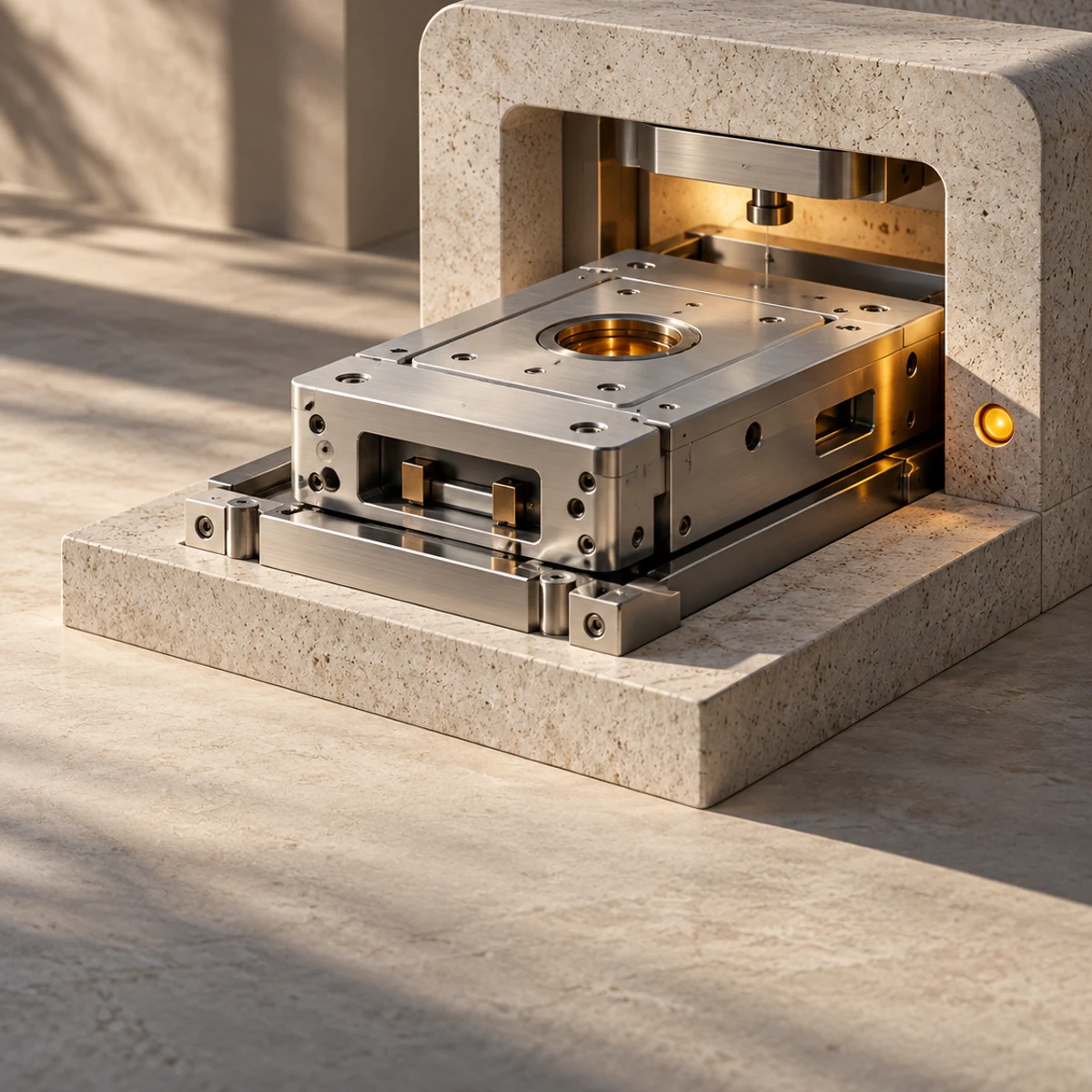 Conceptual brushed-aluminium simulation cassette aligned with a stone calibration frame under an amber inspection light, illustrating physical AI acceptance testing.