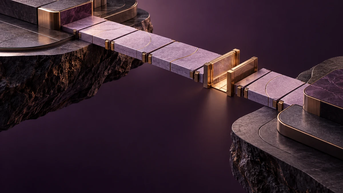 A modular lavender code bridge spans two dark accelerator platforms through a brass verification gate, representing evidence-led AI chip portability.