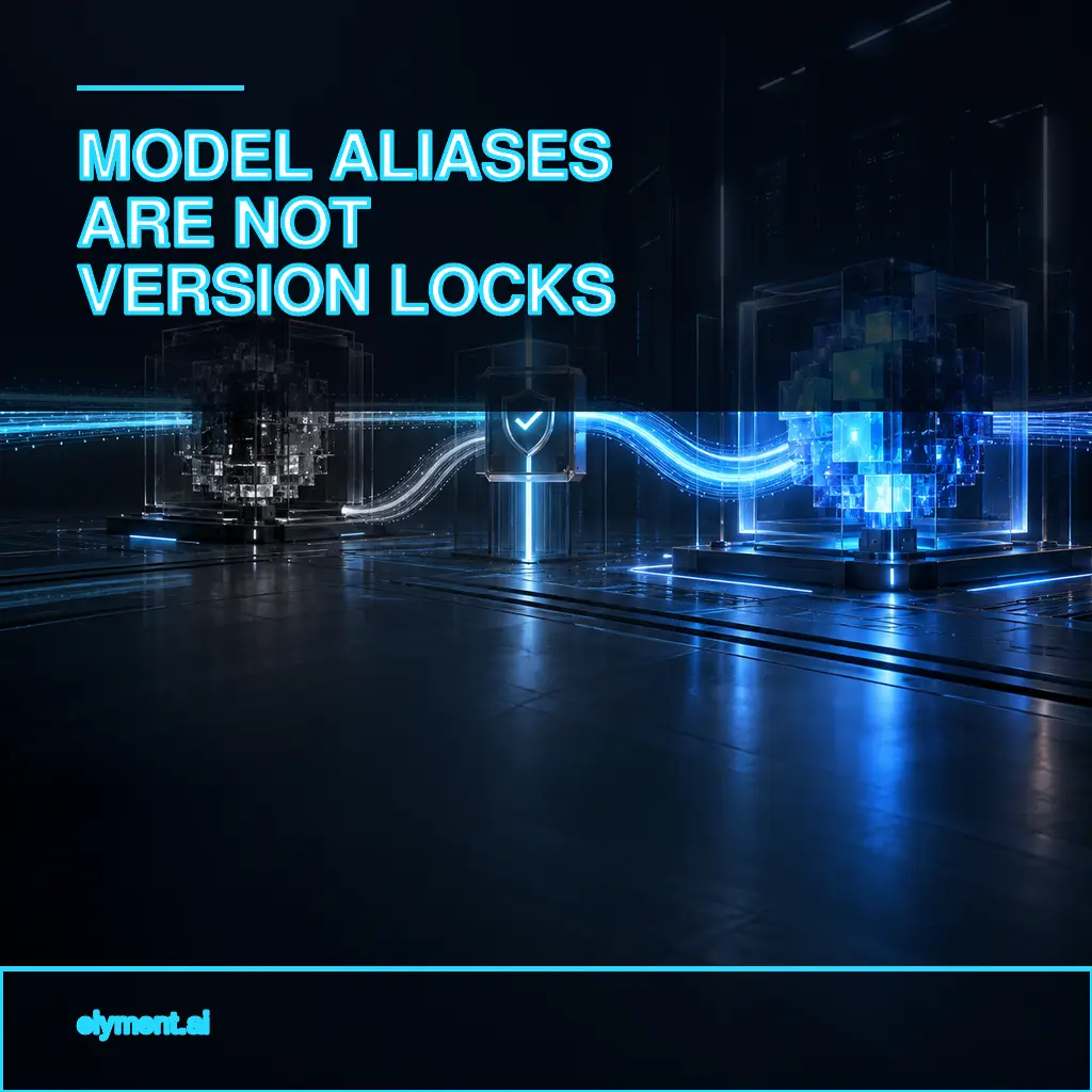 A luminous AI traffic route passes through a verification gateway from an older dark compute core to a new blue core beneath the headline Model Aliases Are Not Version Locks.