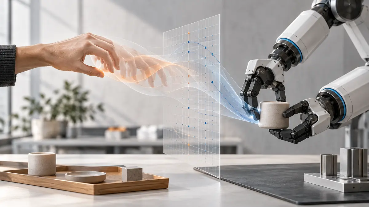 A human hand motion trail passes through a calibration plane towards a bimanual robot handling a ceramic object, representing evidence-based human-to-robot learning.