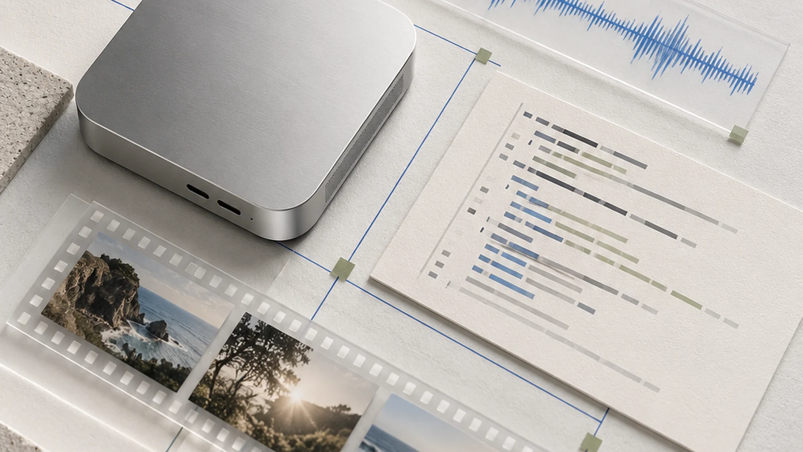 A compact brushed-aluminium edge device links photographic film, an audio waveform and a document card on a light-grey surface, representing local multimodal retrieval.