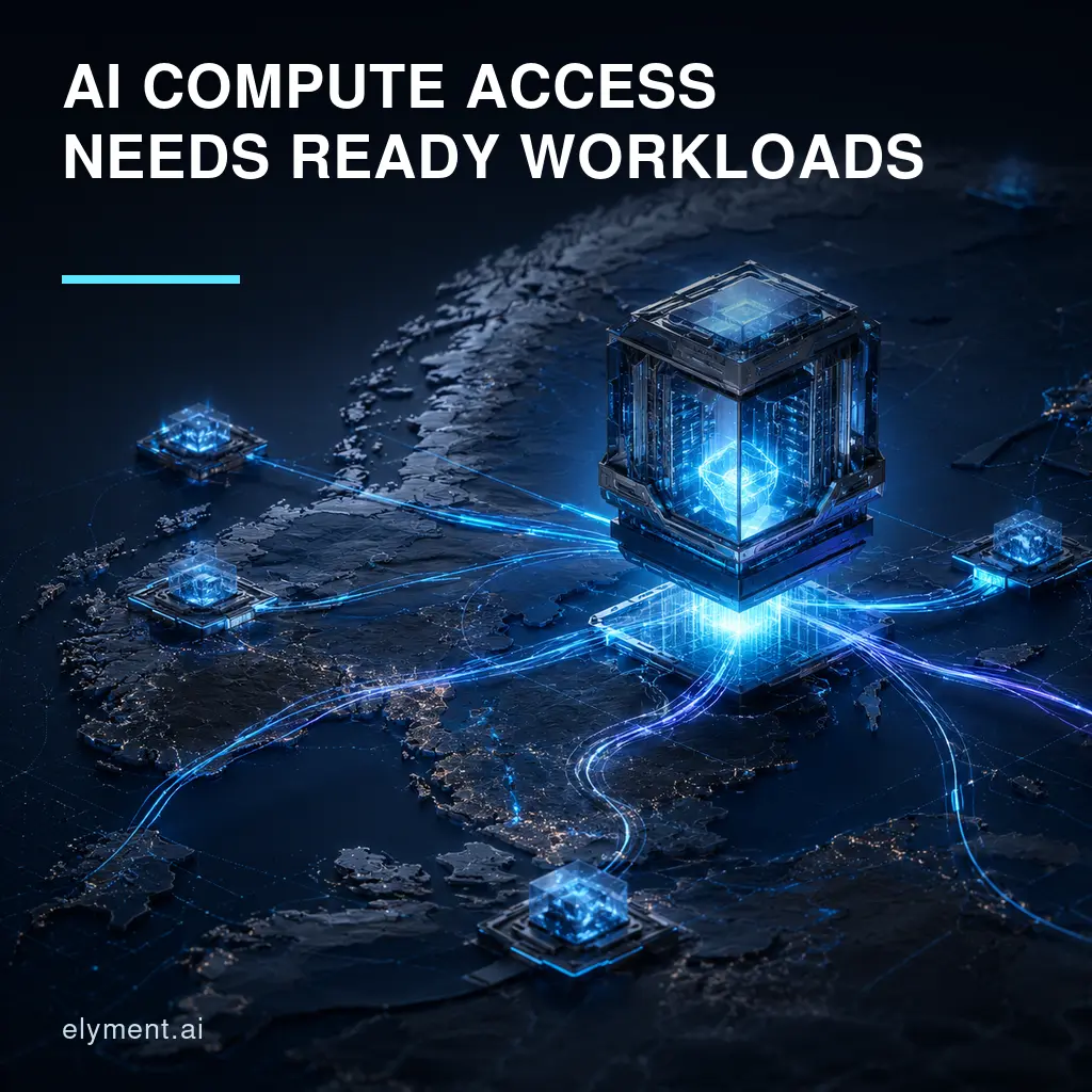 A luminous European AI compute core connects to prepared business workloads beneath the headline AI Compute Access Needs Ready Workloads.