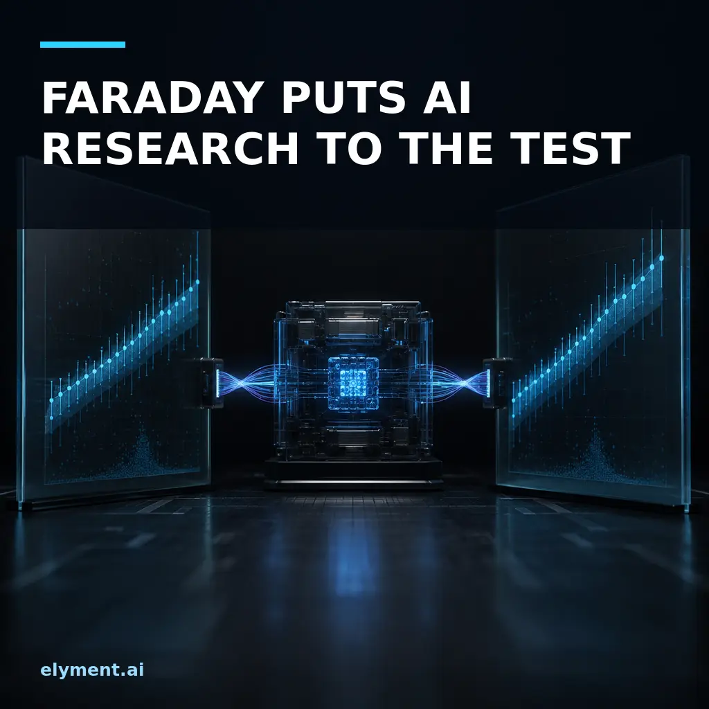 Two matching scientific graphs connected through a central AI computation core beneath the headline Faraday Puts AI Research to the Test.