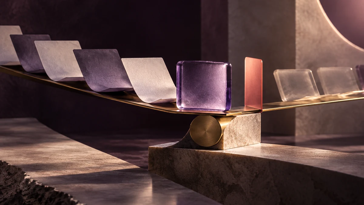 Translucent plum decision tiles crossing a brass balance rail beside a coral threshold marker, representing an AI decision under controlled testing.