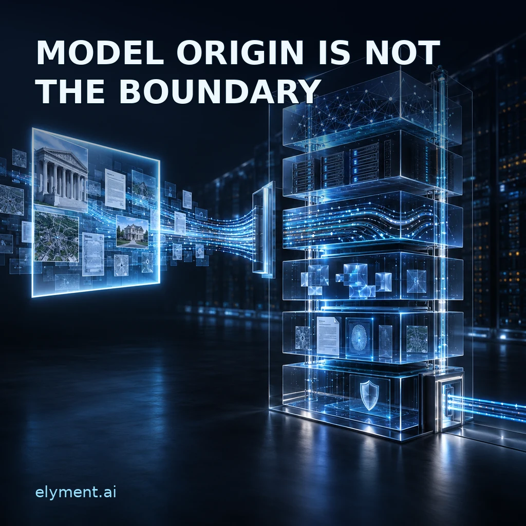 A public search interface passes through a transparent AI runtime boundary with visible model, hosting and data-flow layers beneath the headline Model Origin Is Not the Boundary.