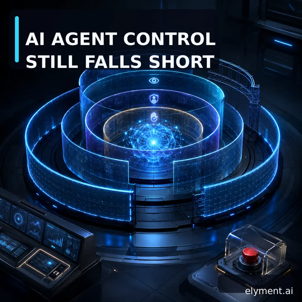 A business AI agent is held behind a luminous cyan control boundary with visible permission, monitoring, approval and emergency-stop layers.