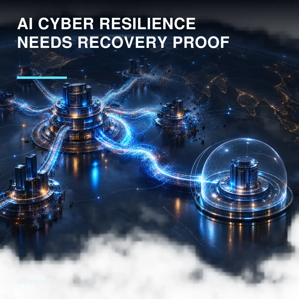 A protected recovery core stands apart from a fast-moving disruption across interconnected financial infrastructure beneath the headline AI Cyber Resilience Needs Recovery Proof.