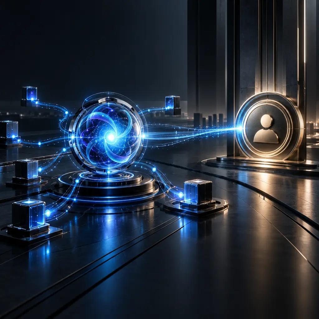 A luminous AI agent core routes actions to a visible enterprise principal identity anchor in a dark cyan and indigo control chamber.