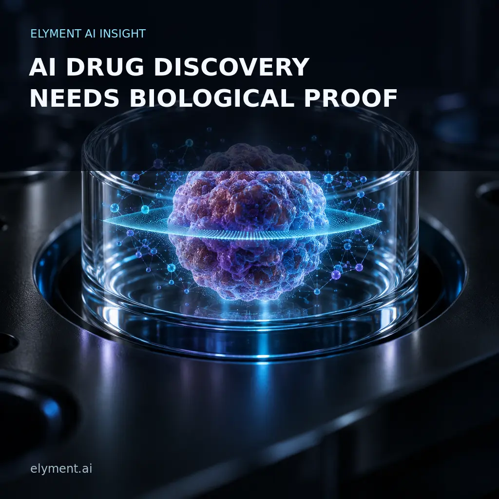 A luminous 3D tumour tissue model in a glass culture well is scanned by a cyan data plane beneath the headline AI Drug Discovery Needs Biological Proof.