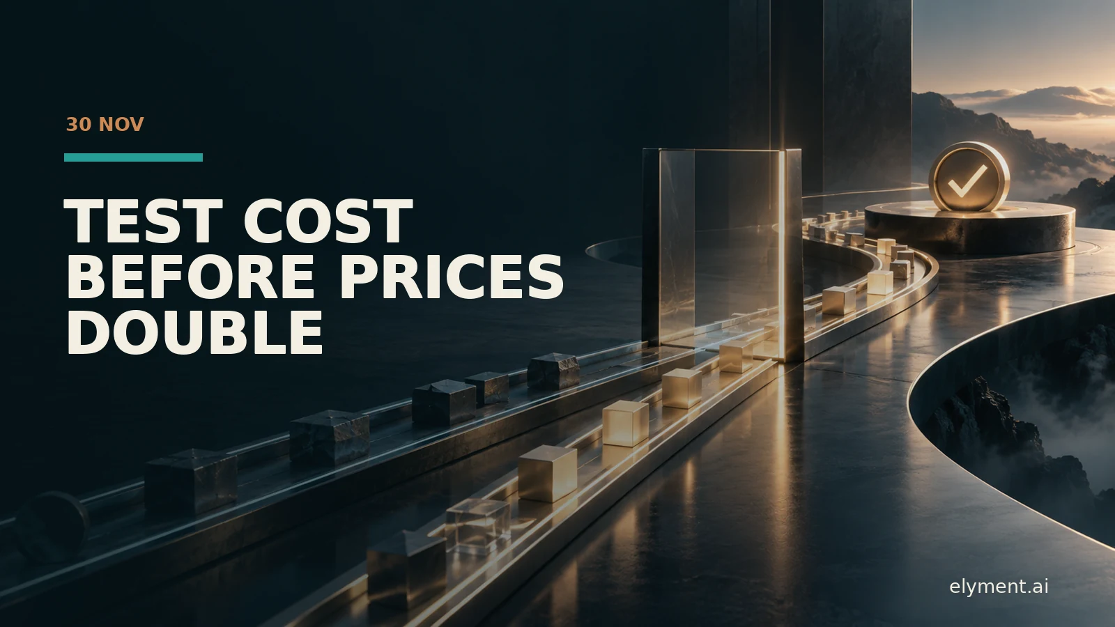 A midnight and teal editorial workflow runway crossing a copper-lit pricing threshold towards an accepted business outcome.