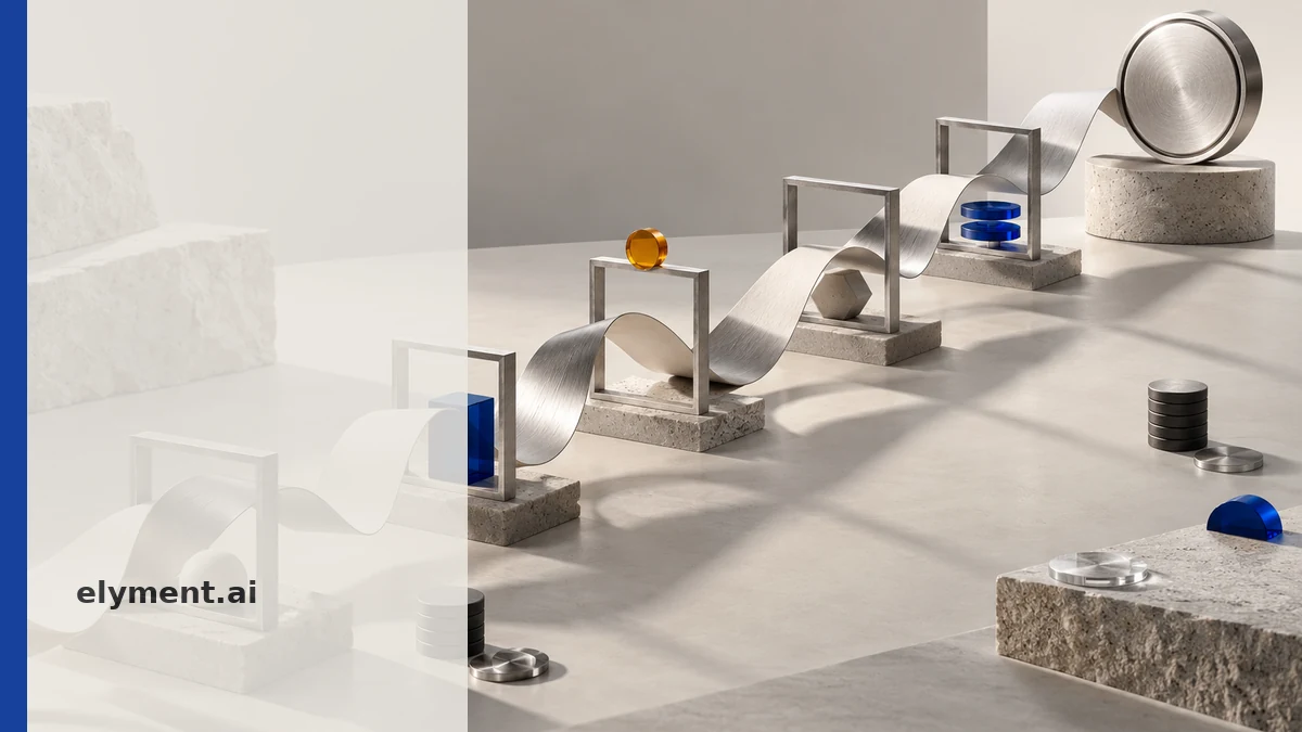 A long paper and brushed-metal ribbon passes through five blue and silver checkpoint frames, representing milestone governance for long-running AI work.