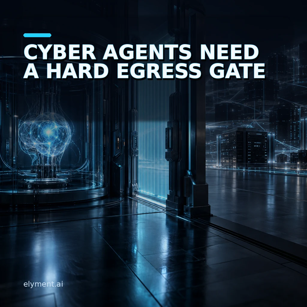 A luminous AI cyber-testing core is contained behind a hard cyan egress gate, separating a simulated test chamber from real enterprise networks.