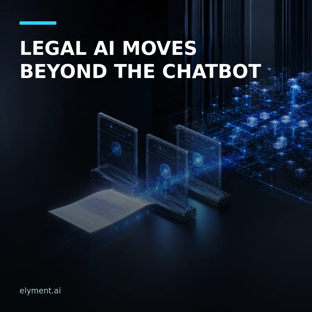 A luminous legal document passing through connected blue governance gates into an enterprise data system beneath the headline Legal AI Moves Beyond the Chatbot.