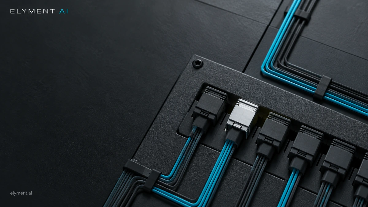 A graphite fibre patch panel with a silver replacement connector and restrained cyan cabling illustrates checking and patching the AI gateway. Conceptual editorial artwork.