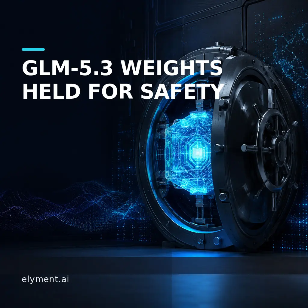 A luminous AI model core is held inside a secure dark vault under the headline GLM-5.3 Weights Held for Safety.