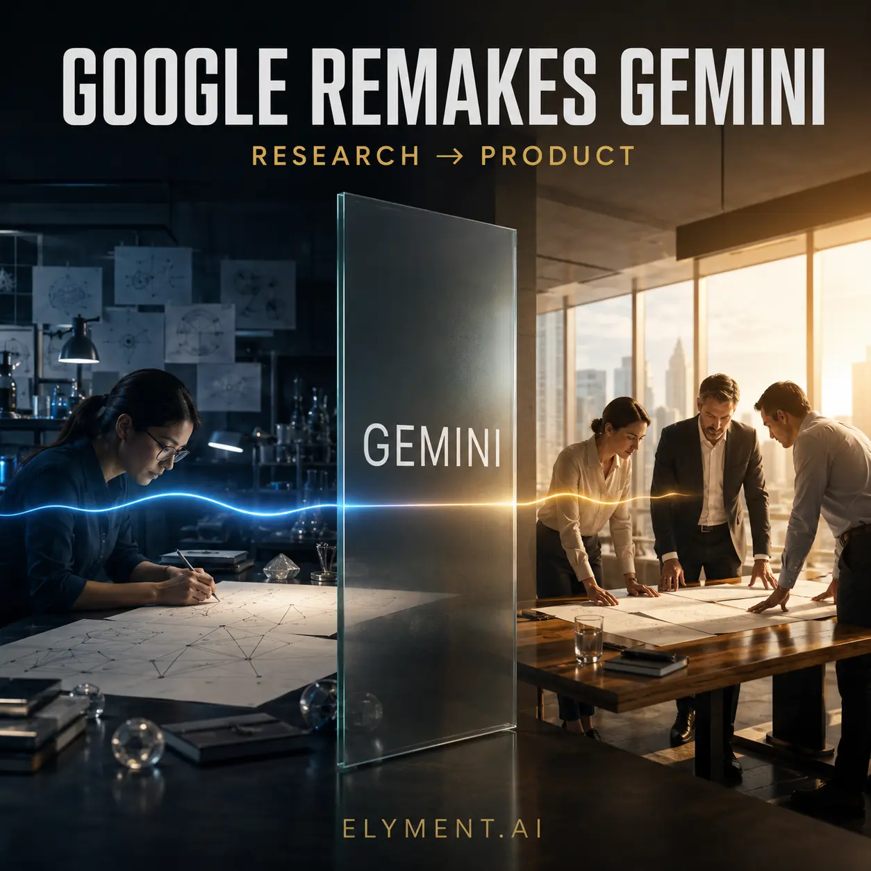 A cinematic editorial scene showing Gemini at the divide between an AI research laboratory and a business product strategy room.