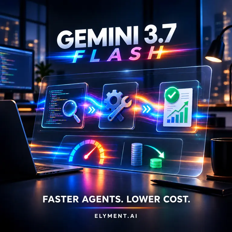 A cinematic Gemini 3.7 Flash workflow console moves code inspection, software tools and a completed business task through a faster, lower-cost execution path.