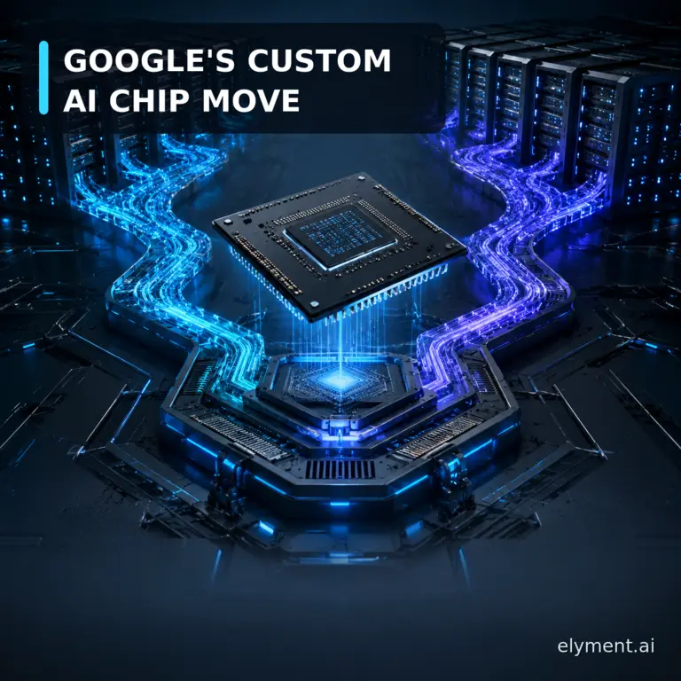 A custom AI accelerator receives two illuminated infrastructure pathways from separate data-centre clusters, representing Google's diversified silicon supply strategy with Marvell.