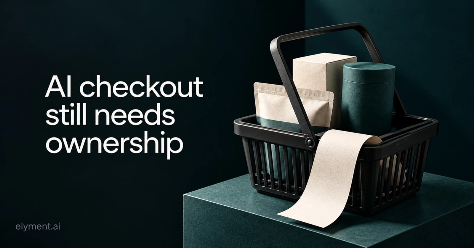 A dark shopping basket, pale product packages and a continuous receipt illustrate merchant ownership across AI checkout handoffs.