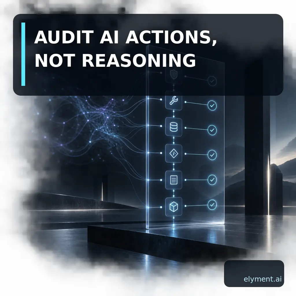 A luminous AI action ledger records permissions, tool calls and verified outcomes while an abstract reasoning stream fades into the background beneath the headline Audit AI Actions, Not Reasoning.