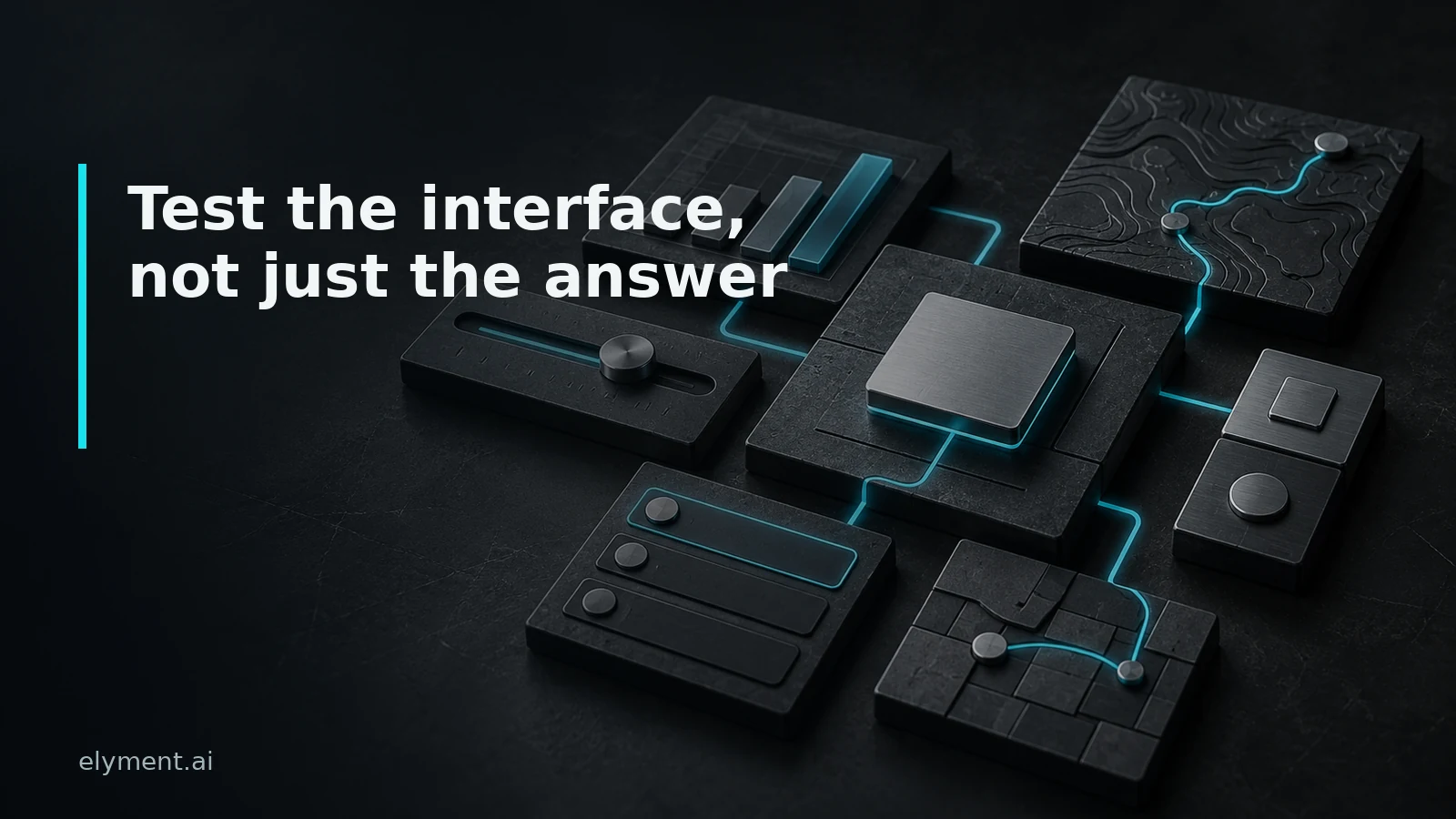A modular graphite interface of chart, slider, form and map tiles linked by a restrained cyan path, representing generated interactive answers that require validation.