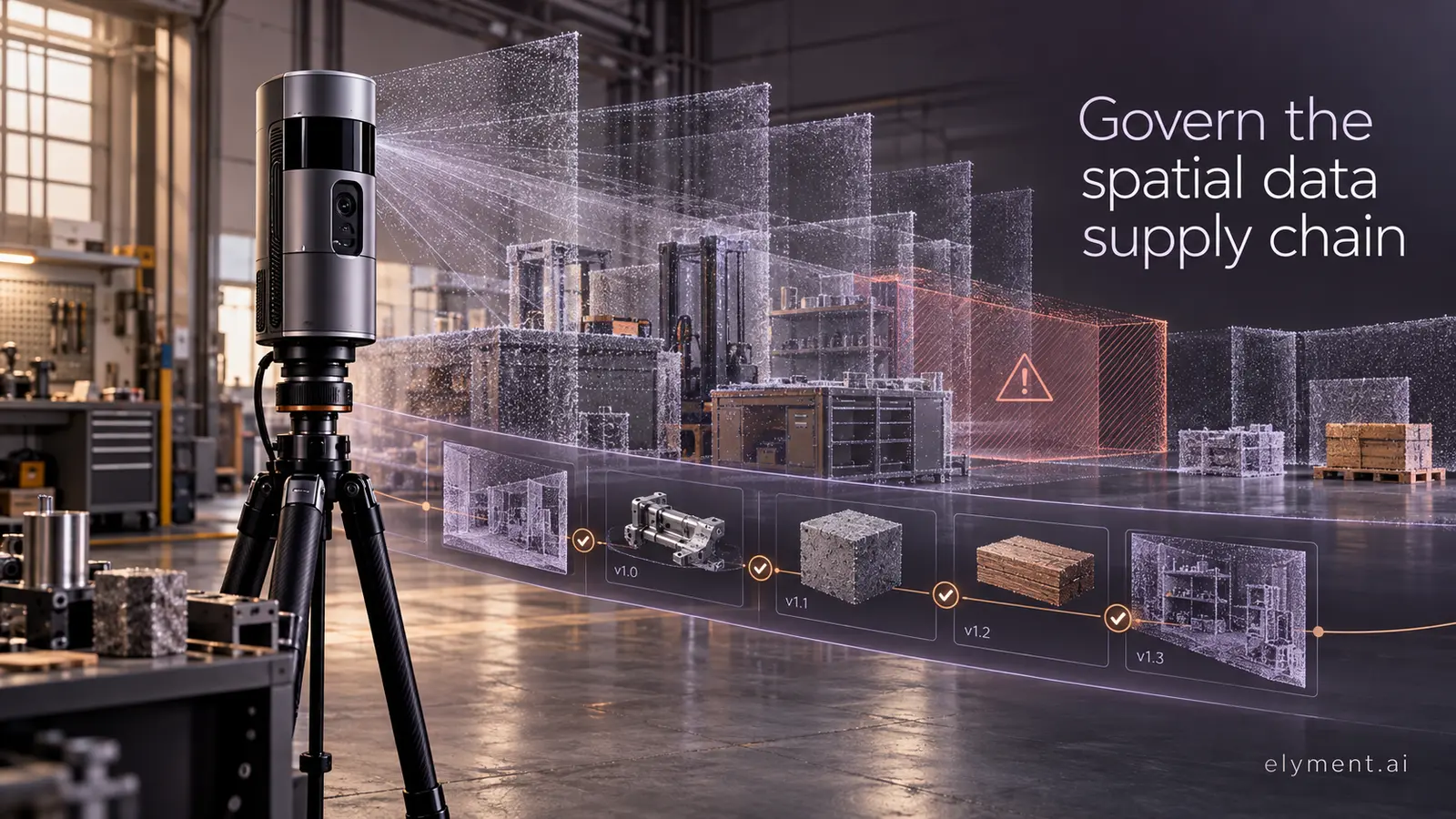 A plum and charcoal editorial workshop shows a spatial camera scanning a warehouse into versioned 3D layers.