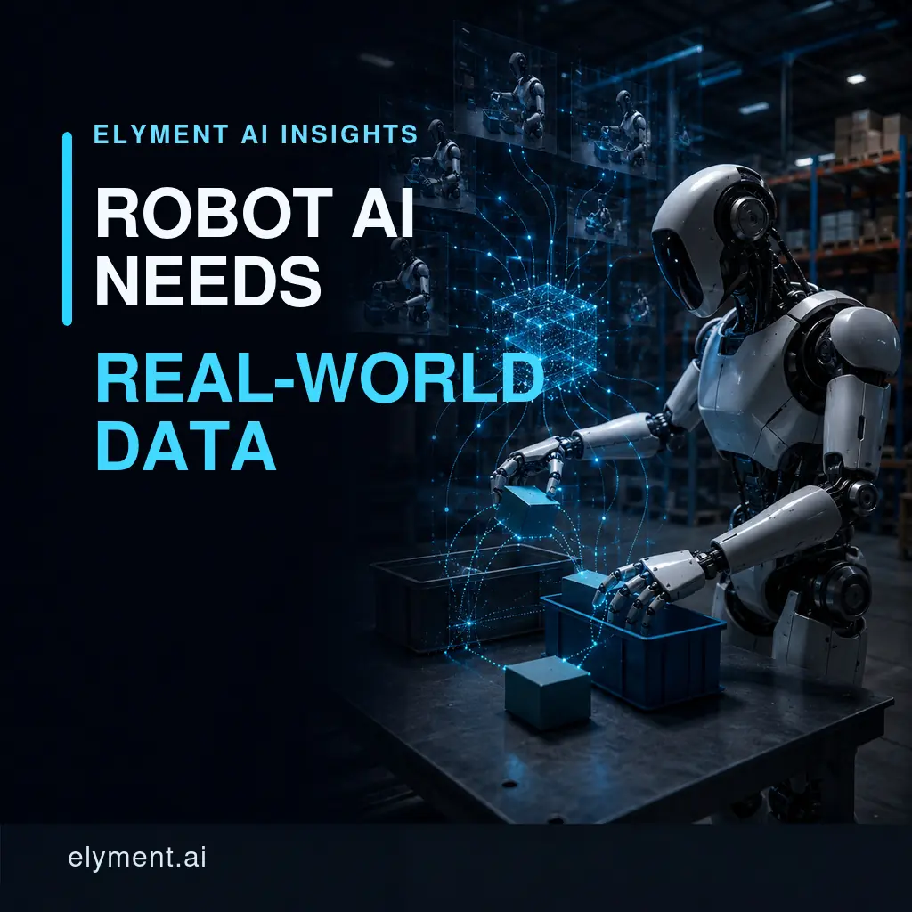 A humanoid robot learns a warehouse pick-and-place task from repeated sensor data under the headline Robot AI Needs Real-World Data.