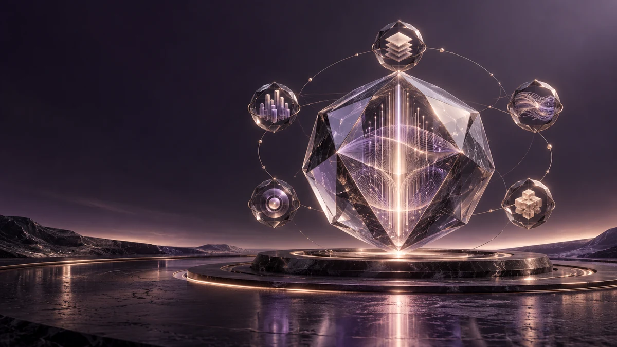 A sealed faceted software vault with five orbiting controls on a dark plum field, representing accountable self-hosted AI operations.