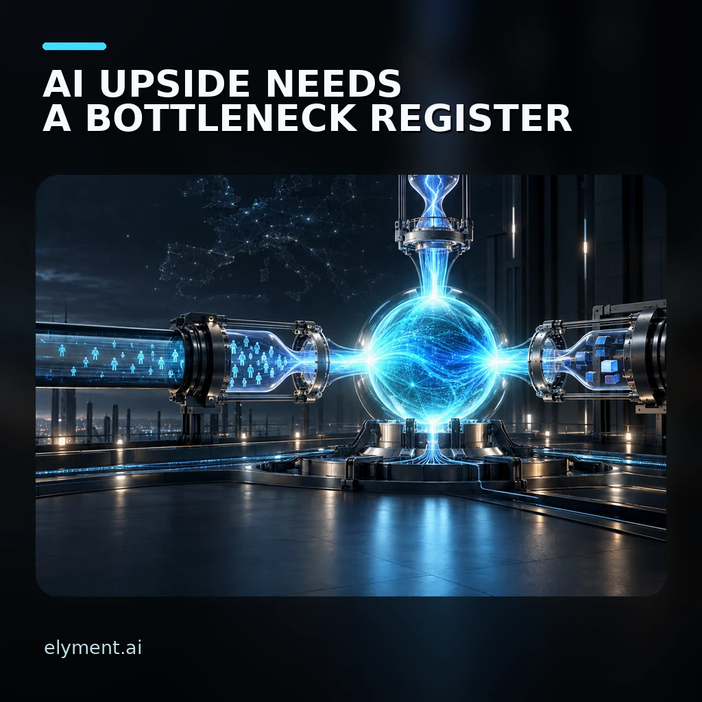 A luminous AI productivity core routes value through energy, workforce and supplier constraints beneath the headline AI Upside Needs a Bottleneck Register.