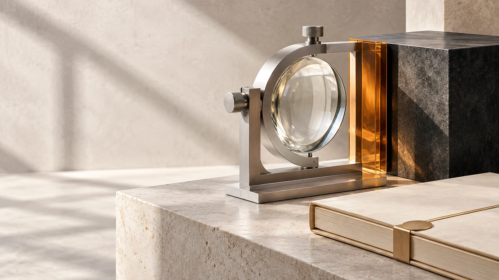 A brushed-silver inspection lens stands between an amber evidence boundary and a graphite model core beside a sealed report folio.