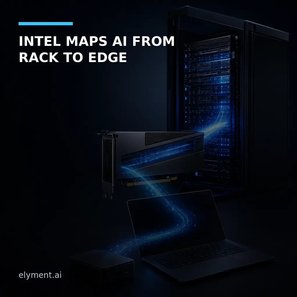 A data-centre rack, inference accelerator, laptop and edge device connected by a luminous blue path beneath the headline Intel Maps AI From Rack to Edge.