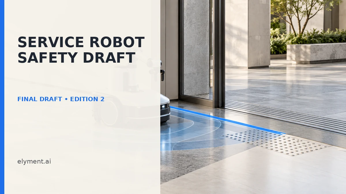 A compact wheeled service robot with a manipulator pauses inside marked clearance arcs at a public doorway, representing a controlled operating envelope.