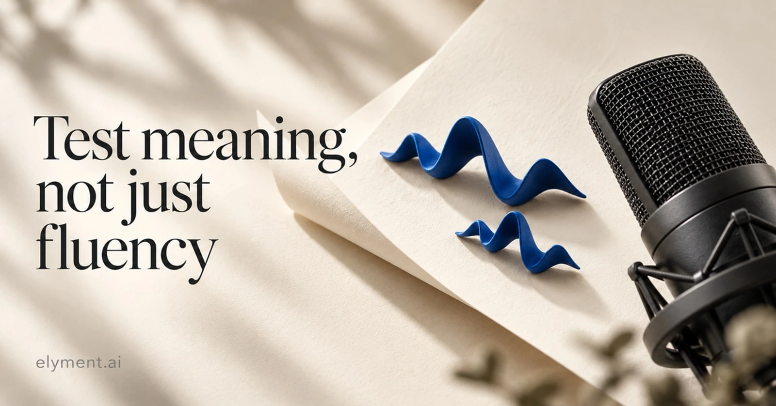 An ivory editorial arrangement of a studio microphone, folded paper and cobalt sound-wave forms illustrates testing meaning in Arabic AI.