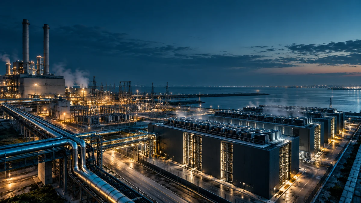 An integrated AI data-centre campus beside power infrastructure, linked by a teal energy and compute corridor on a midnight field.