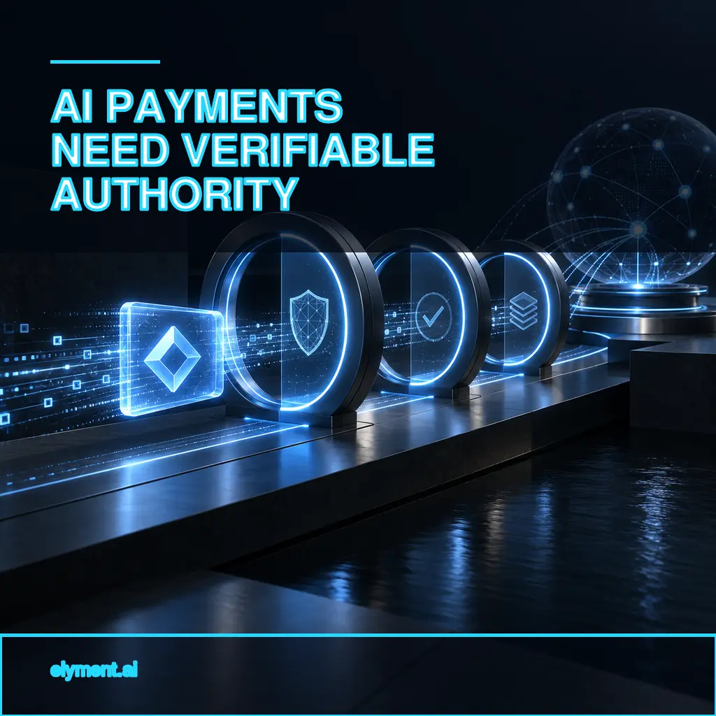 A luminous digital authority credential passes through three verification gateways into a connected payment network beneath the headline AI Payments Need Verifiable Authority.