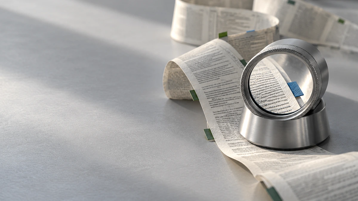 An optical loupe reveals a cobalt evidence marker within a long paper ribbon on a light-grey surface, illustrating evidence checks for long-context AI.