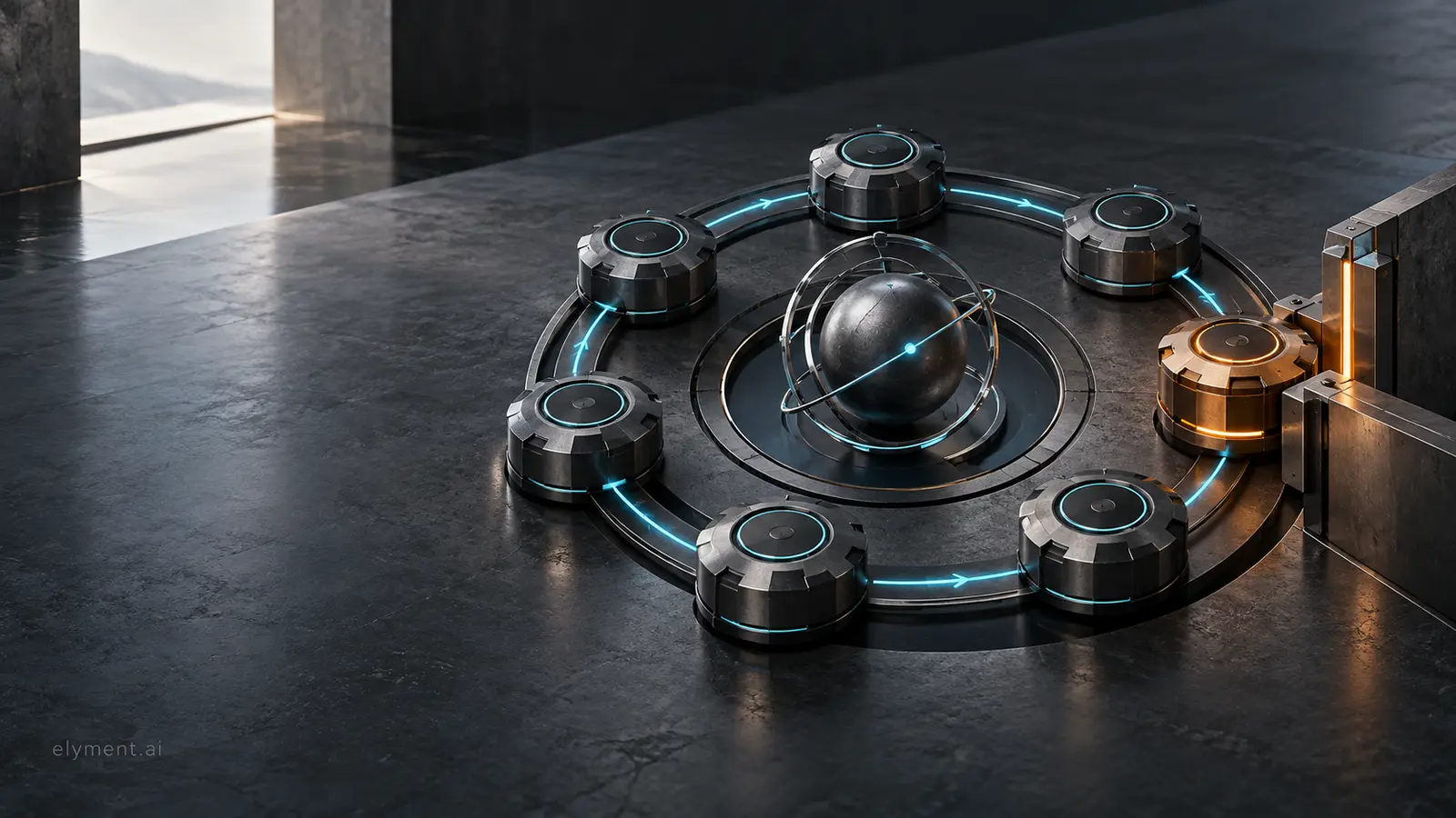 A graphite scene with a cyan calibration loop, seven performance markers and an amber release gate, representing controlled optimisation of AI agents.