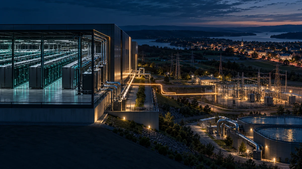 A midnight-teal AI data centre split between illuminated compute halls and visible power, water and community infrastructure, representing who carries capacity costs.