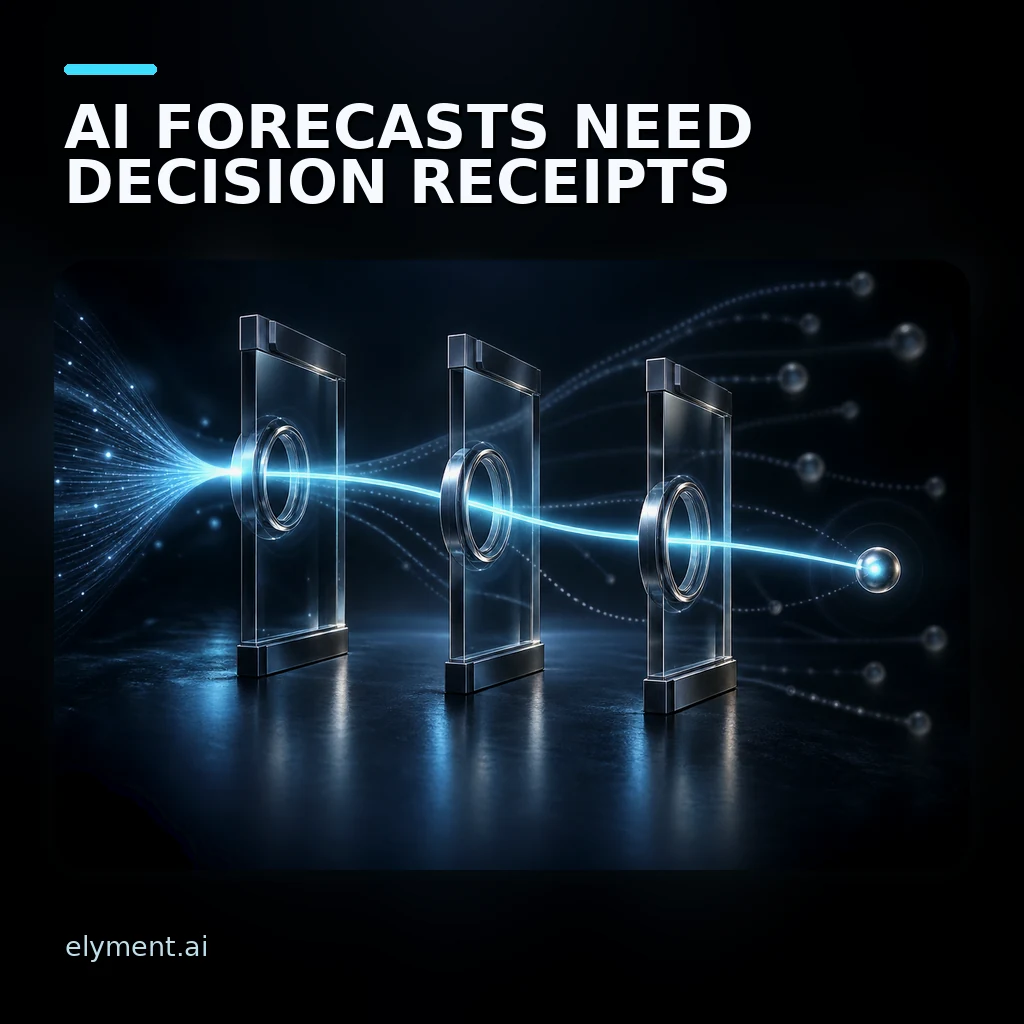 A luminous probability signal passes through evidence and decision gates beneath the headline AI Forecasts Need Decision Receipts.