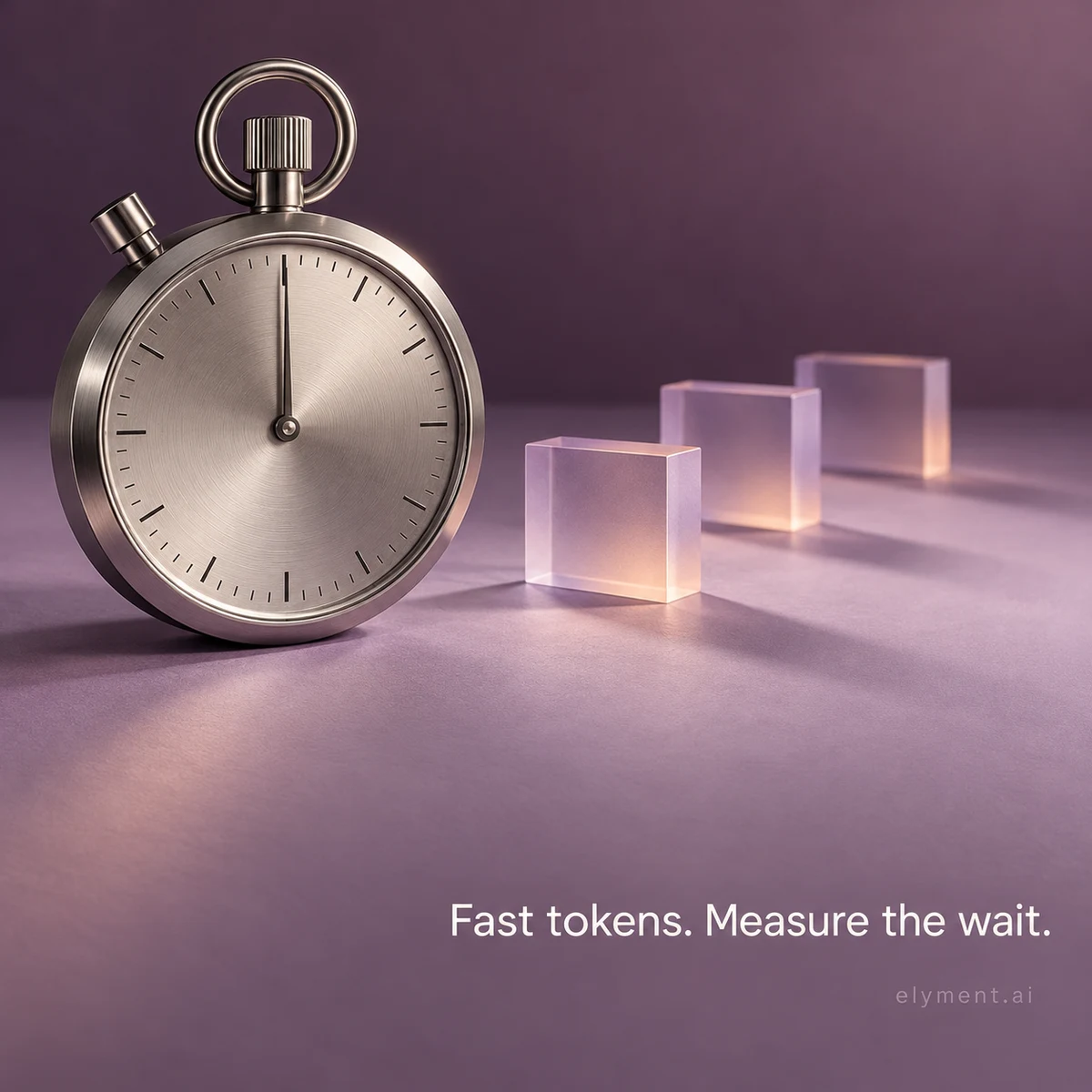 Conceptual silver stopwatch and lavender optical blocks on a plum surface, illustrating different sources of delay in business AI.