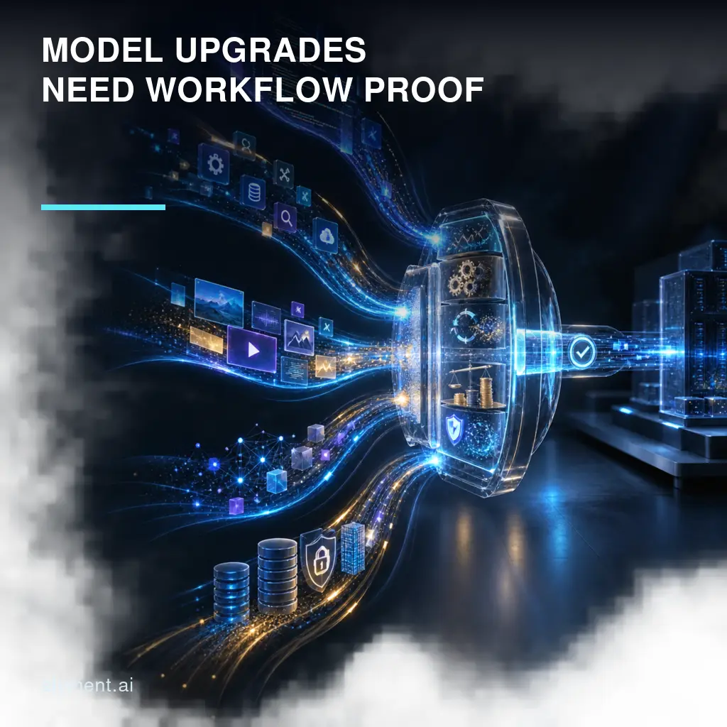 Parallel agentic workflow lanes converge on a luminous evaluation gate beneath the headline Model Upgrades Need Workflow Proof.