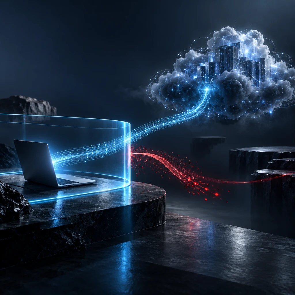 A laptop endpoint sits inside a luminous cyan security boundary while a red traffic-redirection path is blocked between the client and an AI agent cloud.
