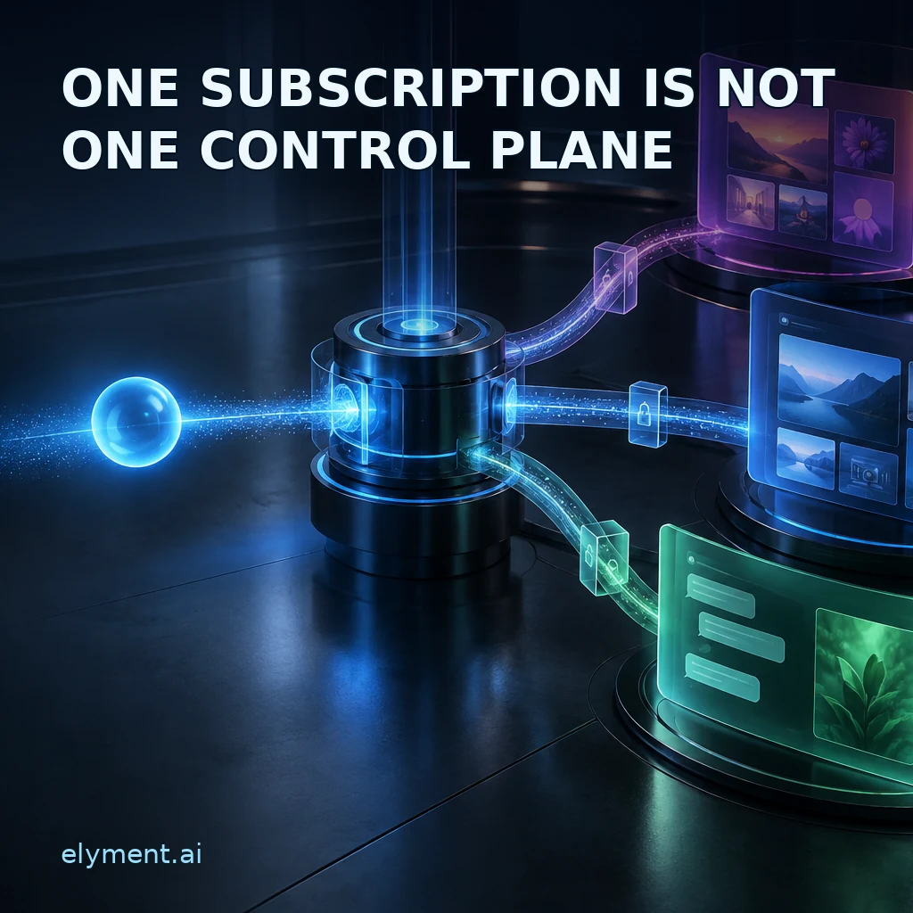 A single luminous subscription token connects to three separate digital workspaces beneath the headline One Subscription Is Not One Control Plane.