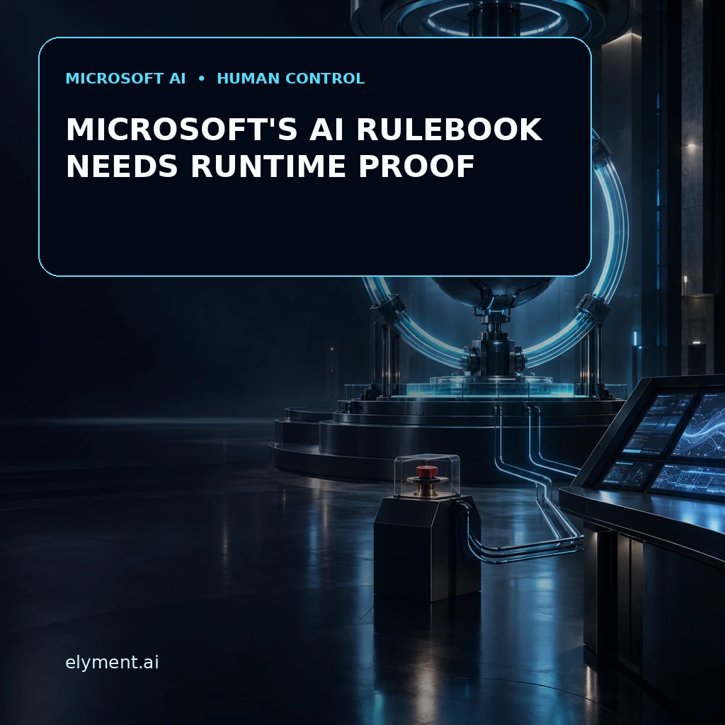 A luminous cyan control boundary surrounds a dark AI core beneath the headline Microsoft's AI Rulebook Needs Runtime Proof.